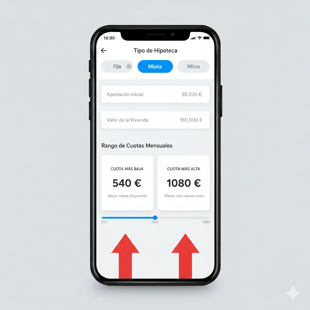 Visualización del impacto de la hipoteca variable con cuotas desde 540€ hasta 1080€.