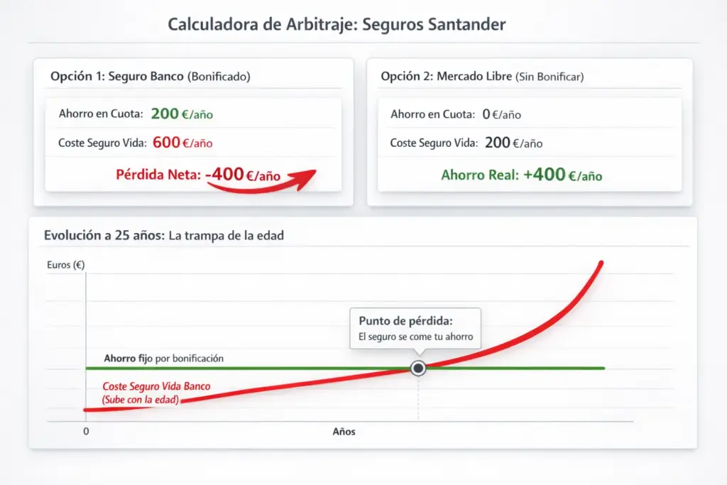 Gráfico de la calculadora de arbitraje de seguros de Winvest, comparando el sobrecoste del seguro de vida de Santander frente al ahorro real en la cuota de la hipoteca variable.