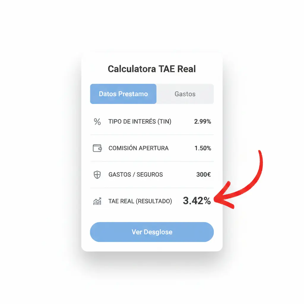 Widget de resultado de calculadora TAE Real mostrando 3.42% con flecha roja indicativa.