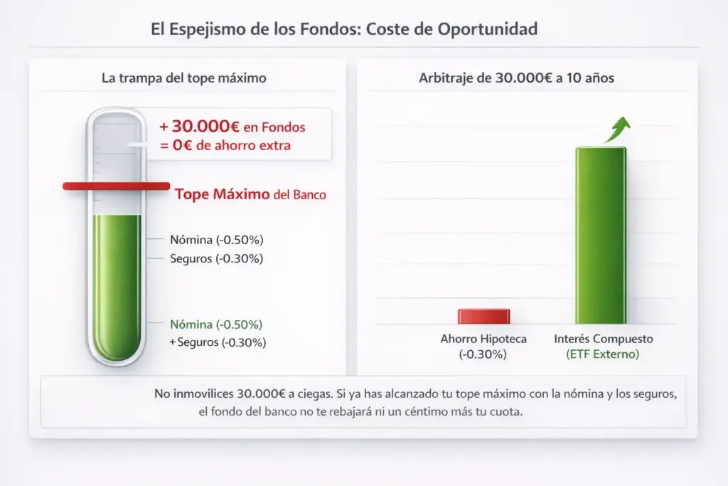 Gráfico ilustrativo de Winvest mostrando el tope máximo de bonificación de la hipoteca Santander y el coste de oportunidad de inmovilizar 30.000 euros en sus fondos de inversión frente al mercado libre.