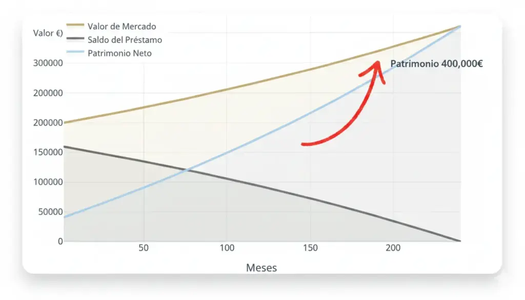 Gráfico de líneas que muestra la evolución del patrimonio neto hasta 400.000€