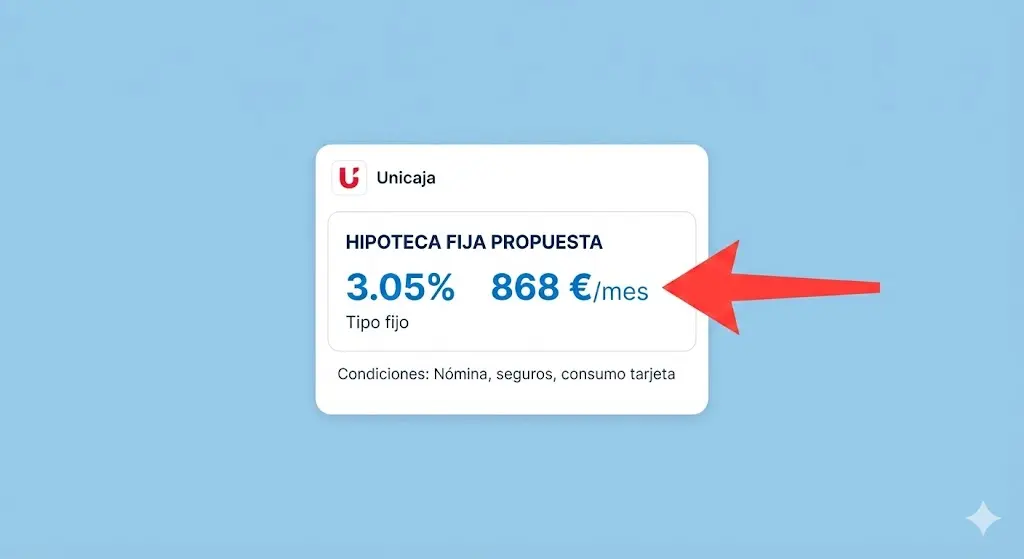 Tarjeta de resultado Winvest: Propuesta de hipoteca fija Unicaja al 3,05% con cuota de 868€/mes y condiciones asociadas.