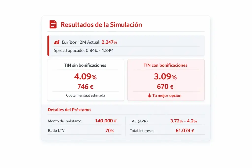 Pantalla de resultados simulación hipoteca variable Santander. Muestra una cuota mensual de 670€ (TIN bonificado 3.09%) frente a 746€ (TIN sin bonificar 4.09%). Cálculo basado en Euribor actual 2.247% más diferencial del 0.84% para un préstamo de 140.000€. Febrero 2026.