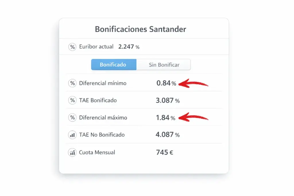Nueva oferta Hipoteca Variable Santander con diferencial de 0.48% y TAE bonificado - Febrero 2026.