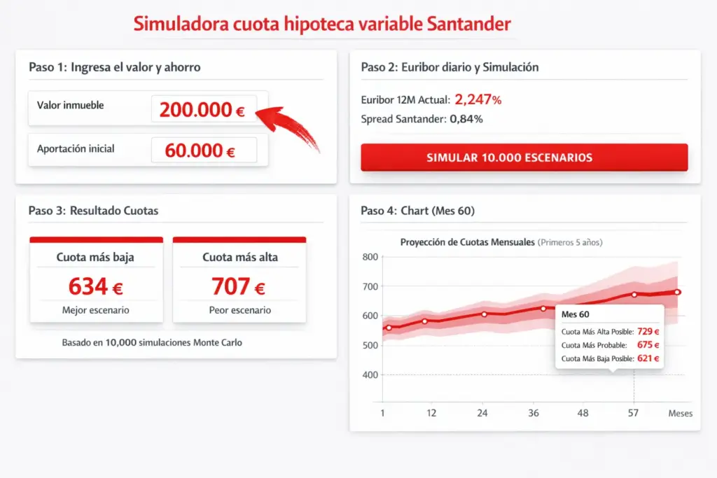 Simulador de cuota de hipoteca variable de Banco Santander para un inmueble de 200.000€. Muestra escenarios de cuotas máxima (707€) y mínima (634€) con el Euribor actual del 2.247%.