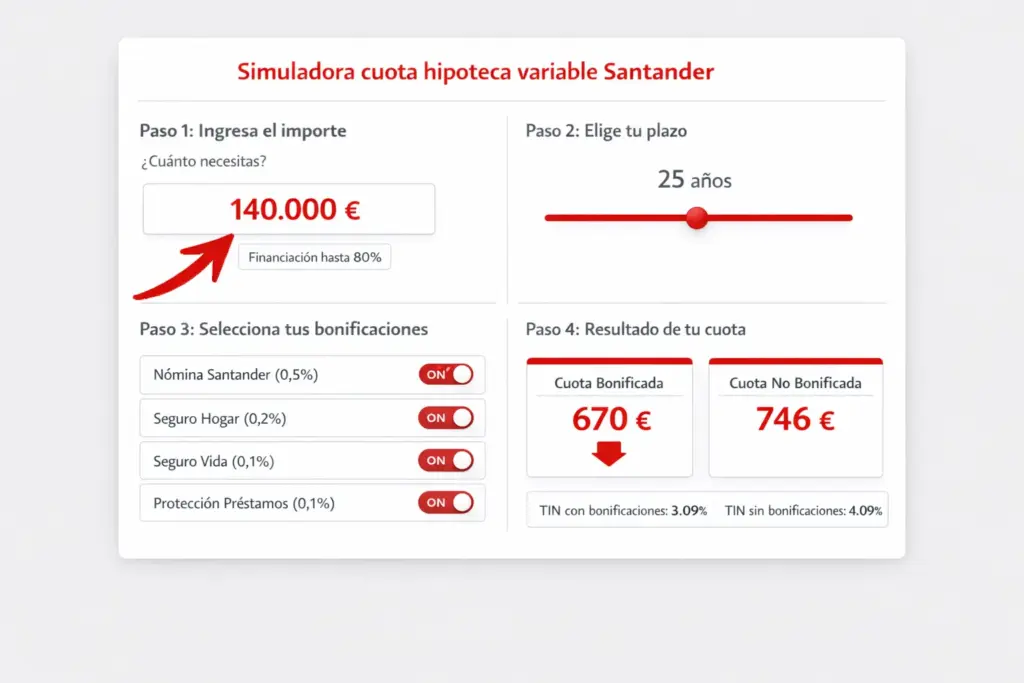 Simulador de 4 pasos para hipoteca variable Santander. Paso 1: importe de 140.000€ al 80%. Paso 2: plazo de 25 años. Paso 3: bonificaciones (nómina 0.5%, hogar 0.2%, vida 0.1%, protección 0.1%). Paso 4: resultado con cuota bonificada de 670€ (TIN 3.09%) frente a 746€ sin bonificar (TIN 4.09%).