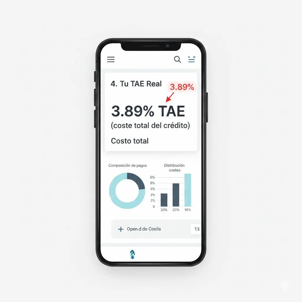 Resultado final del diagnóstico de TAE real 3,89% con gráficos financieros Winvest.