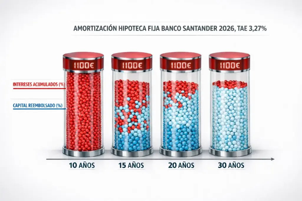 Infografía del sistema de amortización francés de la hipoteca fija Santander mostrando la evolución de intereses y capital a 10, 15, 20 y 30 años.