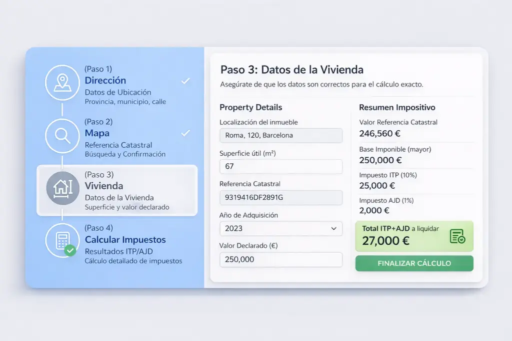 Interfaz de la calculadora de impuestos ITP y AJD que muestra el cálculo basado en el Valor de Referencia de Hacienda para una vivienda en Barcelona.