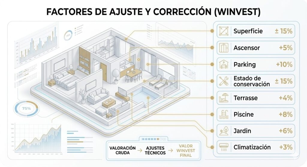 Infografía 3D que muestra los factores de ajuste y corrección del algoritmo Winvest. Presenta un plano de vivienda minimalista conectado a un panel de datos que detalla los porcentajes de incremento o ajuste por características clave como superficie, ascensor, parking, terraza, piscina y estado de conservación.