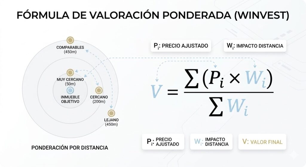Infografía explicativa de la fórmula de valoración ponderada de Winvest. Muestra un inmueble objetivo en el centro y propiedades comparables a diferentes distancias (50m, 200m, 450m), detallando cómo el impacto de la distancia afecta al cálculo del valor final.