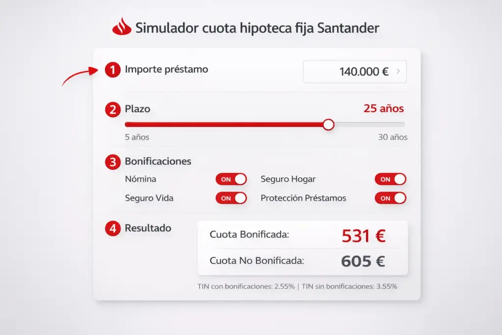 Captura de pantalla del simulador de la hipoteca fija Santander con un importe de 140.000 euros a 25 años, mostrando cuota bonificada con TIN de 2,55%.